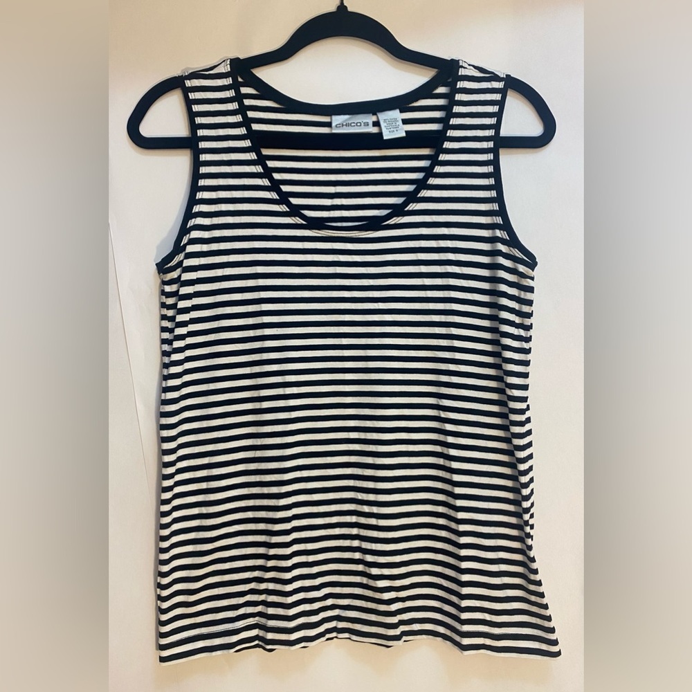 Chicos Striped Tank Top Black‎ White Sleeveless Scoop Neck Size 0 Small